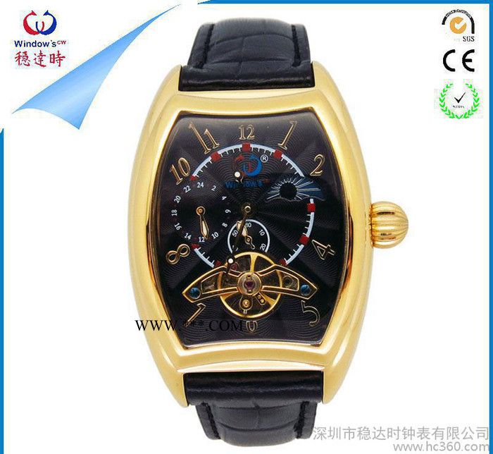 陀飛輪酒桶男士自動(dòng)機(jī)械手表 不銹鋼表殼真皮表帶