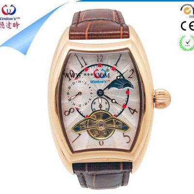 廠家 陀飛輪酒桶男士自動機械手表 不銹鋼表殼真皮表帶